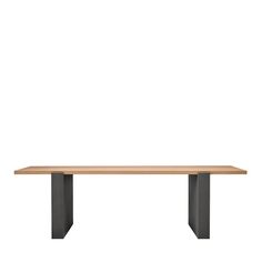 a wooden table with metal legs on a white background