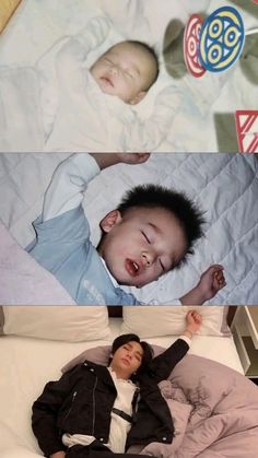 two pictures of a baby sleeping on top of a bed next to an adult laying down