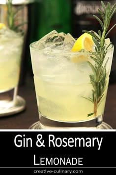 a gin and rosemary lemonade cocktail is garnished with fresh rosemary