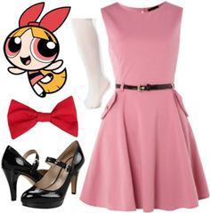 the powerpuff girls costume is shown with shoes and accessories