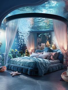 an underwater bedroom is shown in this image