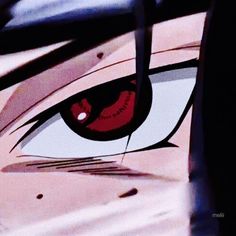 an anime character's eye is shown in this close up photo with red and white colors