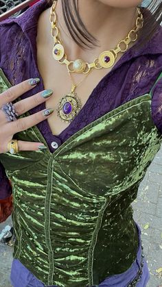 Purple Green Outfit Aesthetic, Purple Witch Outfit Aesthetic, Emerald Outfit Aesthetic, Witch Aesthetic Jewelry, Purple Whimsigoth Outfit, Green And Purple Outfit Aesthetic, Jewel Tones Outfit, Purple And Green Outfits, Green Goth Outfit