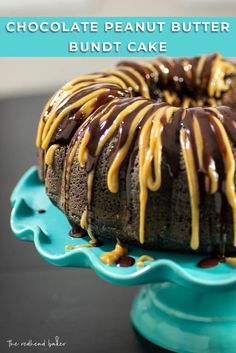 chocolate peanut butter bundt cake on a blue plate