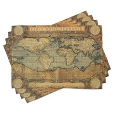 four old world map coasters sitting on top of each other