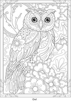 an owl sitting on top of a tree surrounded by flowers and leaves, with eyes wide open