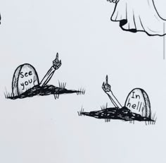 a drawing of two people laying on the ground in front of tombstones