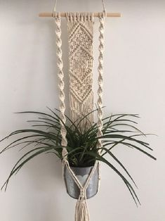 a macrame plant hanging from a wall with a potted plant in it