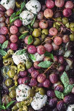 an assortment of different fruits and vegetables in a tray with leaves on the top, including olives, brussel sprouts, mozzarella, and more