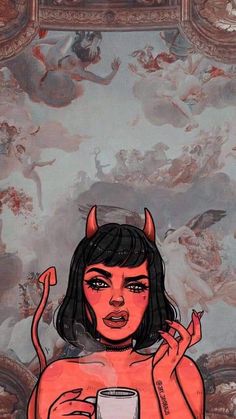 an image of a woman holding a cup with devil horns on her head and the words queen of hell above it