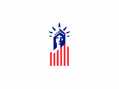 an american flag with a house on top and sun coming out from the roof logo