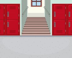 an empty hallway with red lockers and stairs