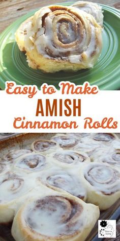 easy to make amish cinnamon rolls recipe on a green plate with text overlay