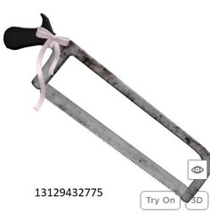 a saw with a pink ribbon tied around it's end on a white background