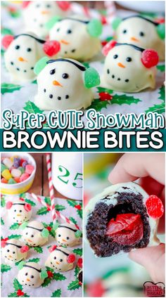 there is a collage of pictures with snowman brownie bites in them and the words, sugar gutt snowman brownie bites