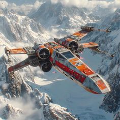 an orange and white star wars plane flying over mountains in the sky with two other planes