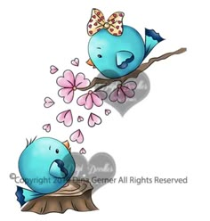 two blue birds sitting on top of a tree branch with pink flowers in their beaks