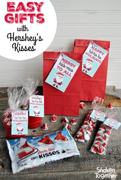 an assortment of hershey's kisses and candy bags with the words easy gifts written on them