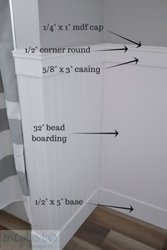 the corner of a room with measurements for wall and floor boards on it, along with other details