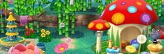 the mushroom house in mario's garden is surrounded by flowers and plants, including trees