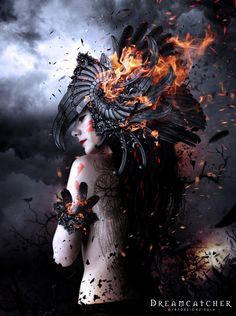 a woman with fire on her face and head in front of a dark sky, surrounded by birds