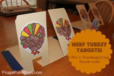 three thanksgiving cards with turkeys on them and the words nerf turkey targets for a thanksgiving shoot - out