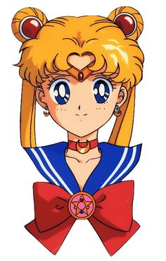 an anime character with big blue eyes and blonde hair wearing a sailor outfit, red bow tie