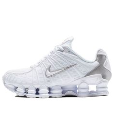 Nike Womens WMNS Shox TL 'White Silver' White/Metallic Silver-Max Orange Marathon Running Shoes/Sneakers Nike Shox Tl White, Nike Shox Tl, High Air Force 1, Basket Nike, Baskets Nike, Veja Sneakers, Adidas Adilette, Adidas Spezial, Adidas Campus