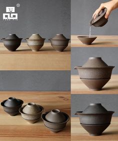 the process of making pottery is shown in three different stages, including pouring water into bowls