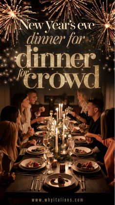 This elegant image highlights a **New Year’s Eve dinner for a crowd**, with guests enjoying a candlelit meal at a beautifully decorated table. Fireworks in the background add to the festive atmosphere, making it perfect for **New Year’s Eve dinner party ideas** or a sophisticated gathering.