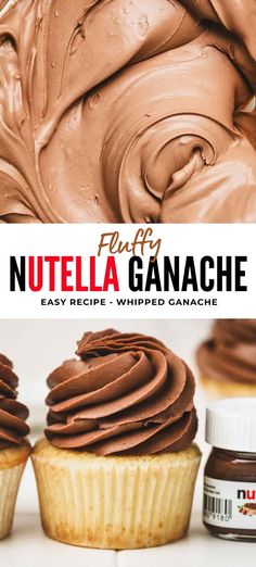 chocolate cupcakes with nutella ganache frosting on top and the title overlay