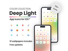 two iphones with different icons on them and the text, color collection deep light