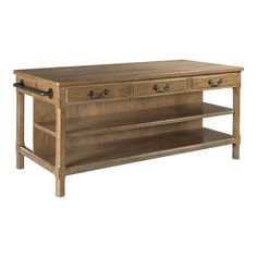 a wooden table with two drawers on one side and an open shelf on the other