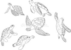 several sea turtles swimming together in the ocean, one is drawn with black and white ink