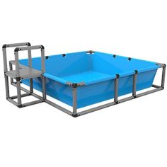 two large blue plastic containers sitting next to each other on top of metal frame frames