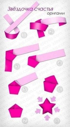 the instructions for how to make origami stars and arrows with pink ribbon on white background