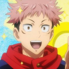 an anime character with pink hair and red scarf pointing to the side while looking at something