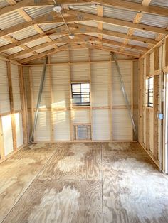 Unfinished shed building before shiplap and she shed finishing Shed Remodel Interior, Shed Into Craft Room, Shed Lighting Ideas Interiors, She Shed Designs Interiors, She Shed Workshop Ideas, Crafting Shed Ideas, She Shack Ideas, 10x16 Shed Interior