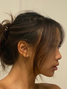 Lowkey Curtain Bangs, Double Buns Low, Face Framing Curtain Bangs In Ponytail, Hair Up With Face Framing, Face Framing Layers Hair Up, Thick Hair Inspiration, Curtain Bangs To The Chin, Low Messy Bun With Curtain Bangs, Wispy Curtain Bangs Ponytail