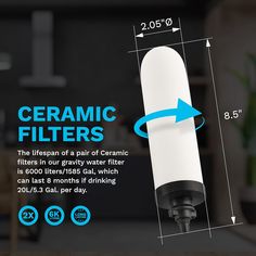 an image of a ceramic filterr on a table with measurements for the size and width