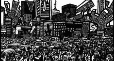 a black and white drawing of a cityscape