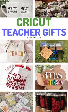 the words cricut teacher gifts are displayed in different pictures