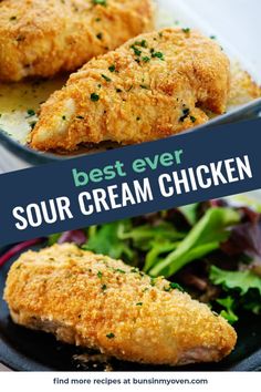 the best ever sour cream chicken is served on a black plate with greens and lettuce