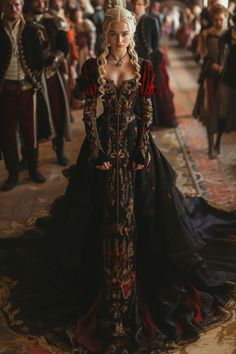 Black Fantasy Gown, Fantasy Dress Queens, Gown Aesthetic, Game Of Thrones Outfits, Knight Outfit, Alternative Dress, Medieval Woman, Queen Dresses, Best Winter Outfits