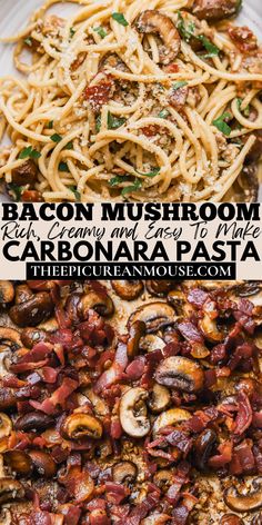 Crispy bacon, mushrooms, garlic, and spaghetti tossed with eggs and parmesan cheese. Bacon Stuffed Mushrooms