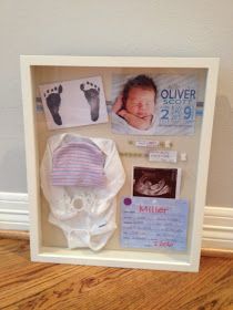 a baby's birth gift in a white shadow box with pictures and other items