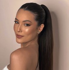 Slick Ponytail Hairstyles Wedding, Slicked High Ponytail, Pont Tail Hairstyles Straight, Sleek Ponytail Straight Hair, Ponytail With Dress, High Straight Ponytail Hairstyles, Hairstyle For Tube Dress, Straight Hairstyles Ponytail, Glam Ponytail Hairstyles