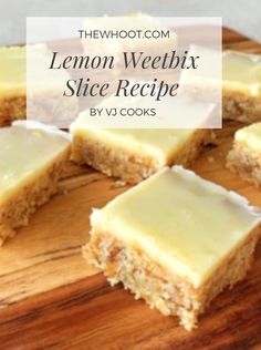 lemon weebix slice recipe on a wooden cutting board