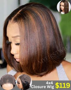 Melted Lace, Brown Bob Wig, Highlights Bob, 4x4 Closure Wig, 12 Inch Hair, Highlight Brown, Brown Bob, Pretty Hair Color, Short Straight Hair