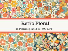 four different floral patterns with the text retro floral 16 patterns in 3 00 ppp